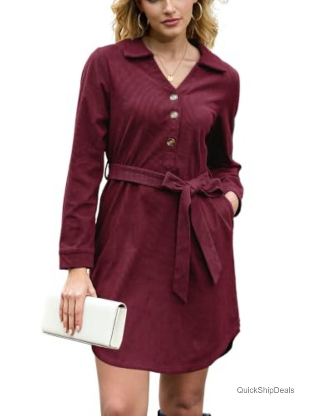 Corduroy Shirt Dress with Belt and Pockets Long Sleeve Cotton Blend Adjustable
